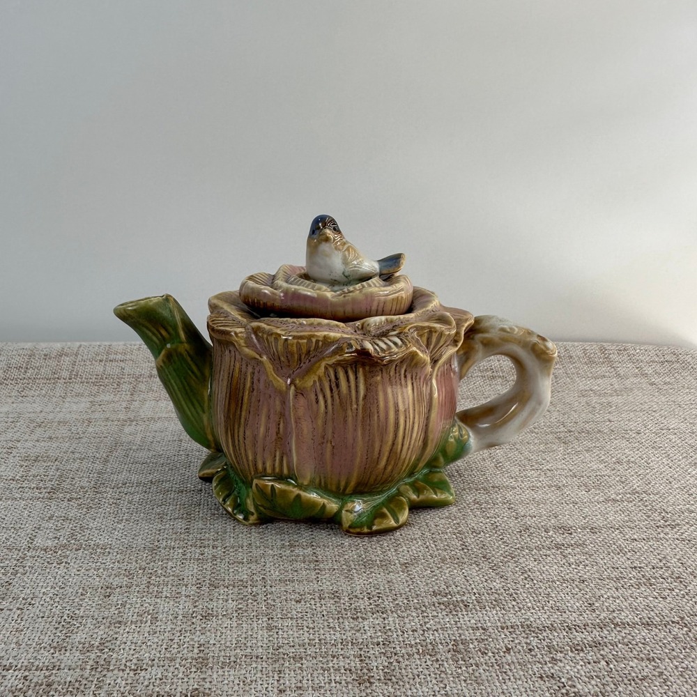 Vintage Ceramic Rose Teapot Bird Lid Pink Green Cottagecore Floral Decor